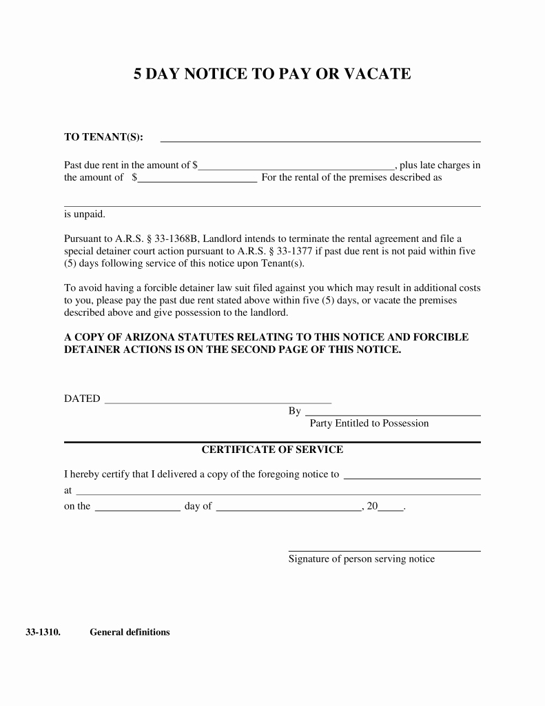 10 Day Payoff Letter Sample Fresh Arizona 5 Day Notice to Pay or Vacate form – Notice to