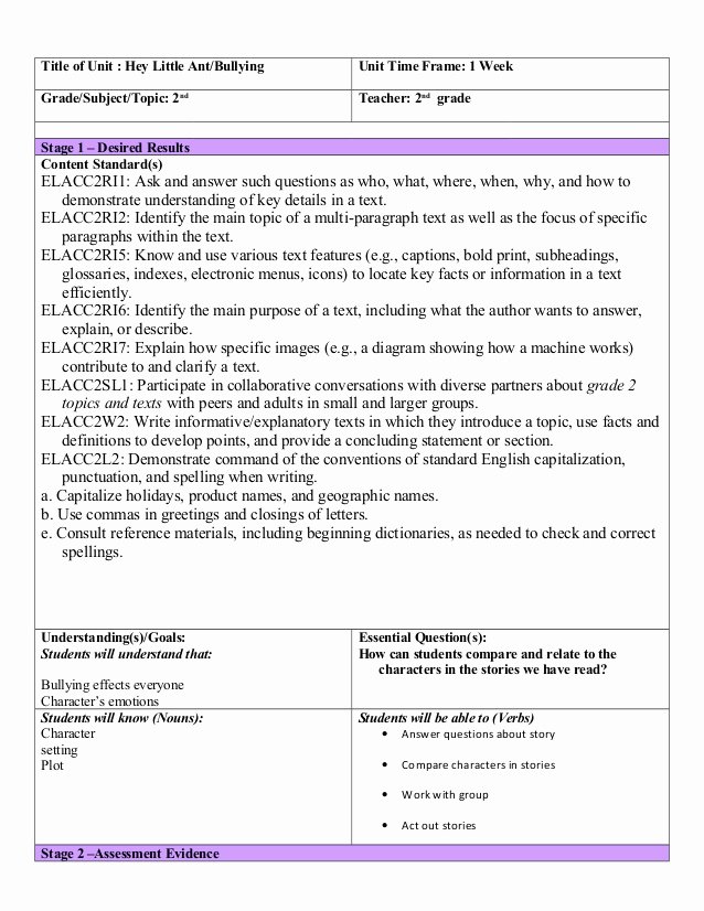 1st Grade Lesson Plan Template Lovely Ubd Template Reading Lesson Plan