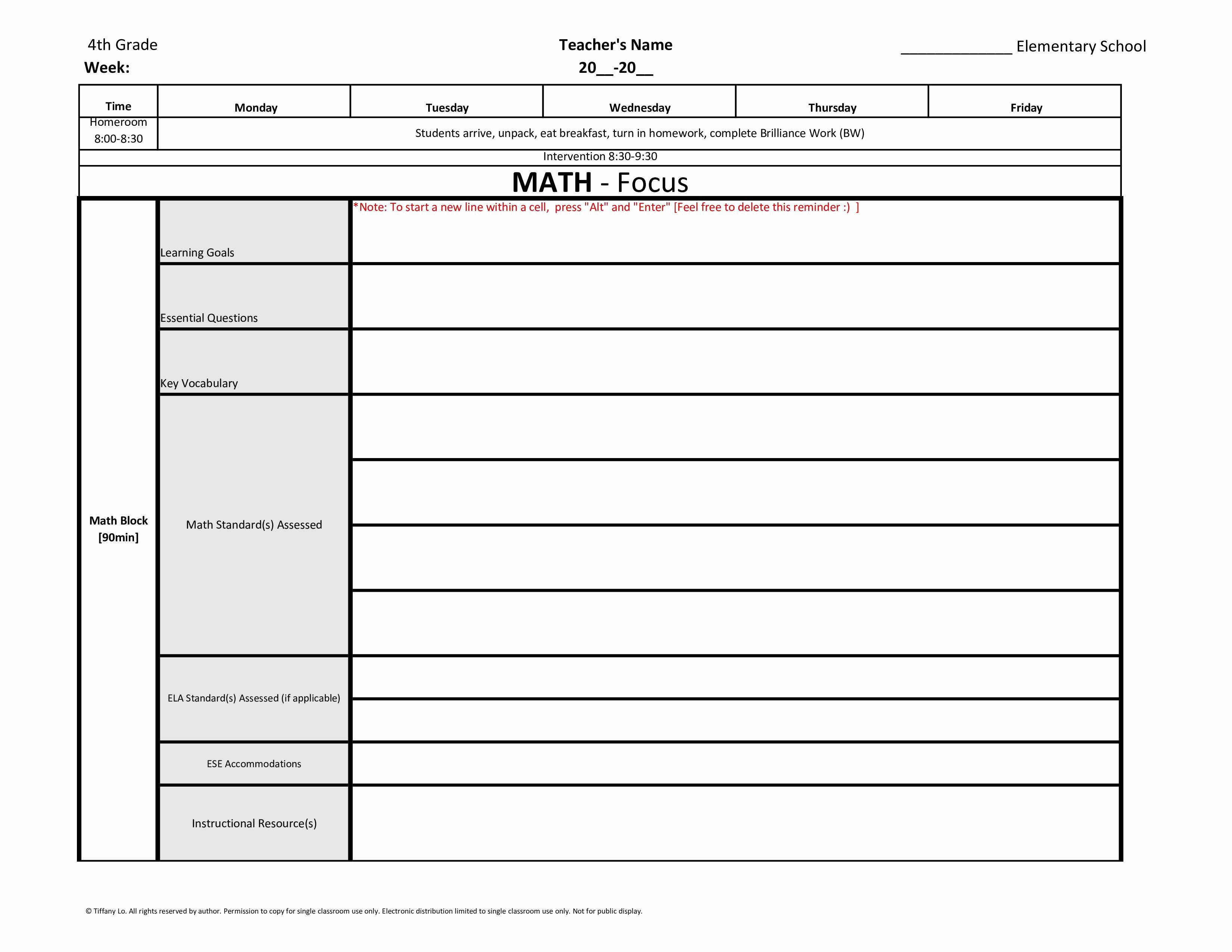 4th Grade Lesson Plan Template Luxury 4th Fourth Grade Mon Core Weekly Lesson Plan Template W