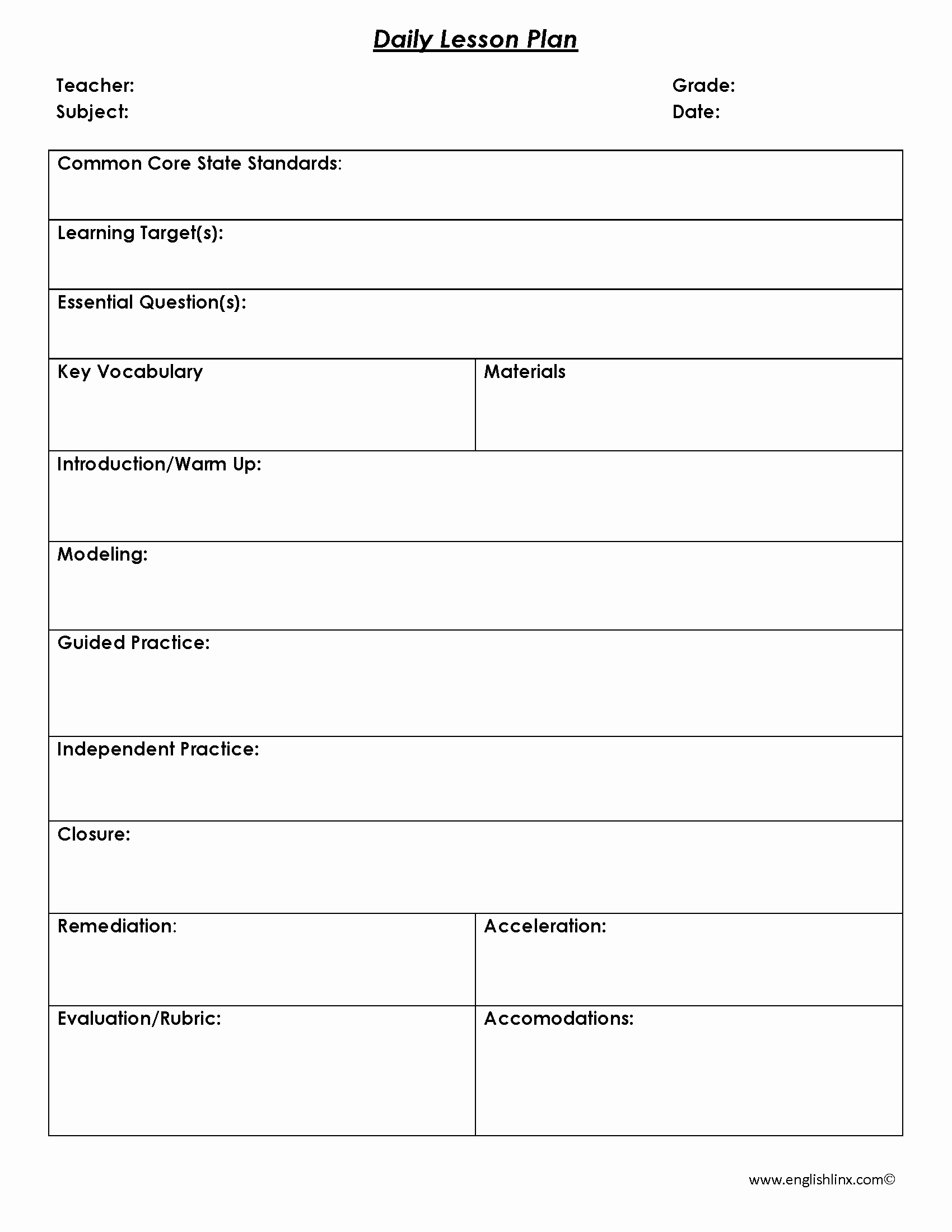 4th Grade Lesson Plan Template New Daily Lesson Plan Template English