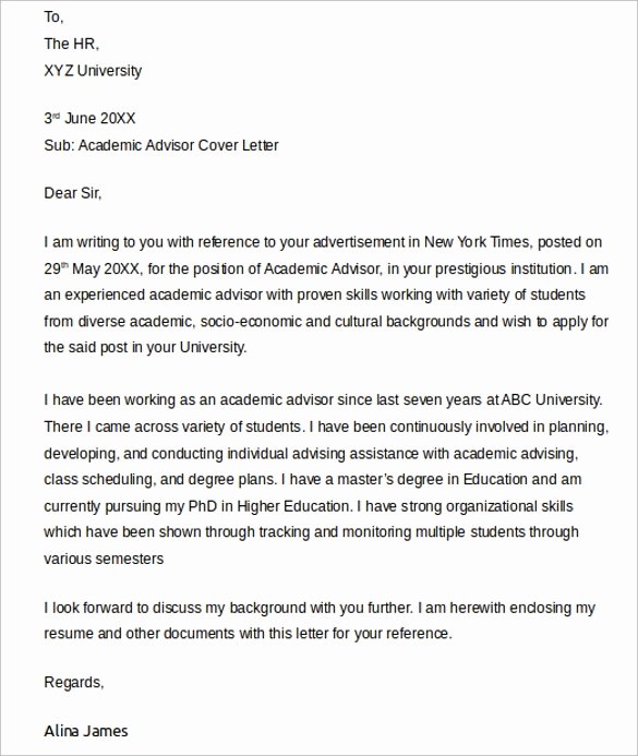 Academic Cover Letter format Unique 9 Academic Advisor Cover Letter to Download