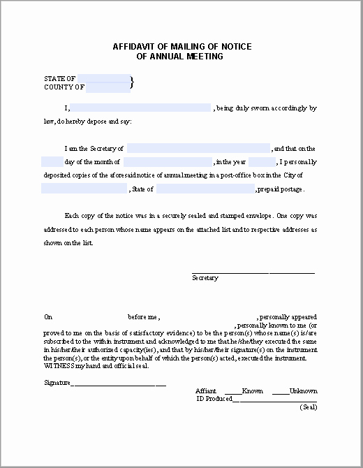 Affidavit Of assignment Awesome Affidavit form for Mailing Of Notice Of Annual Meeting
