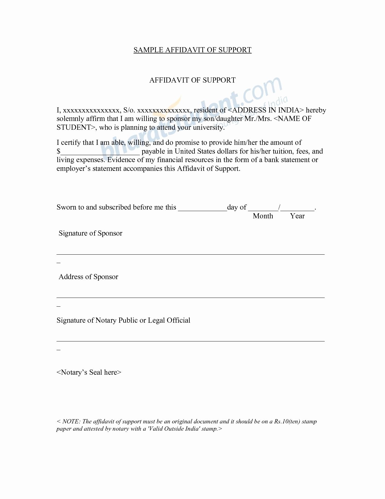 Affidavit Of Support Sample Letter Pdf Elegant Affidavit Letter Template Bluemooncatering