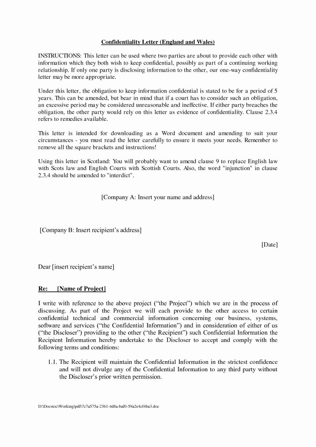 Agreement Letter Between Two Parties Template New Agreement format Of Confidential Letter Between Two