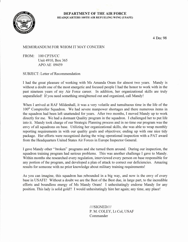 Air force Letter Of Recommendation Best Of Letter Of Re Mendation 100th Ptroller Squadron Cc