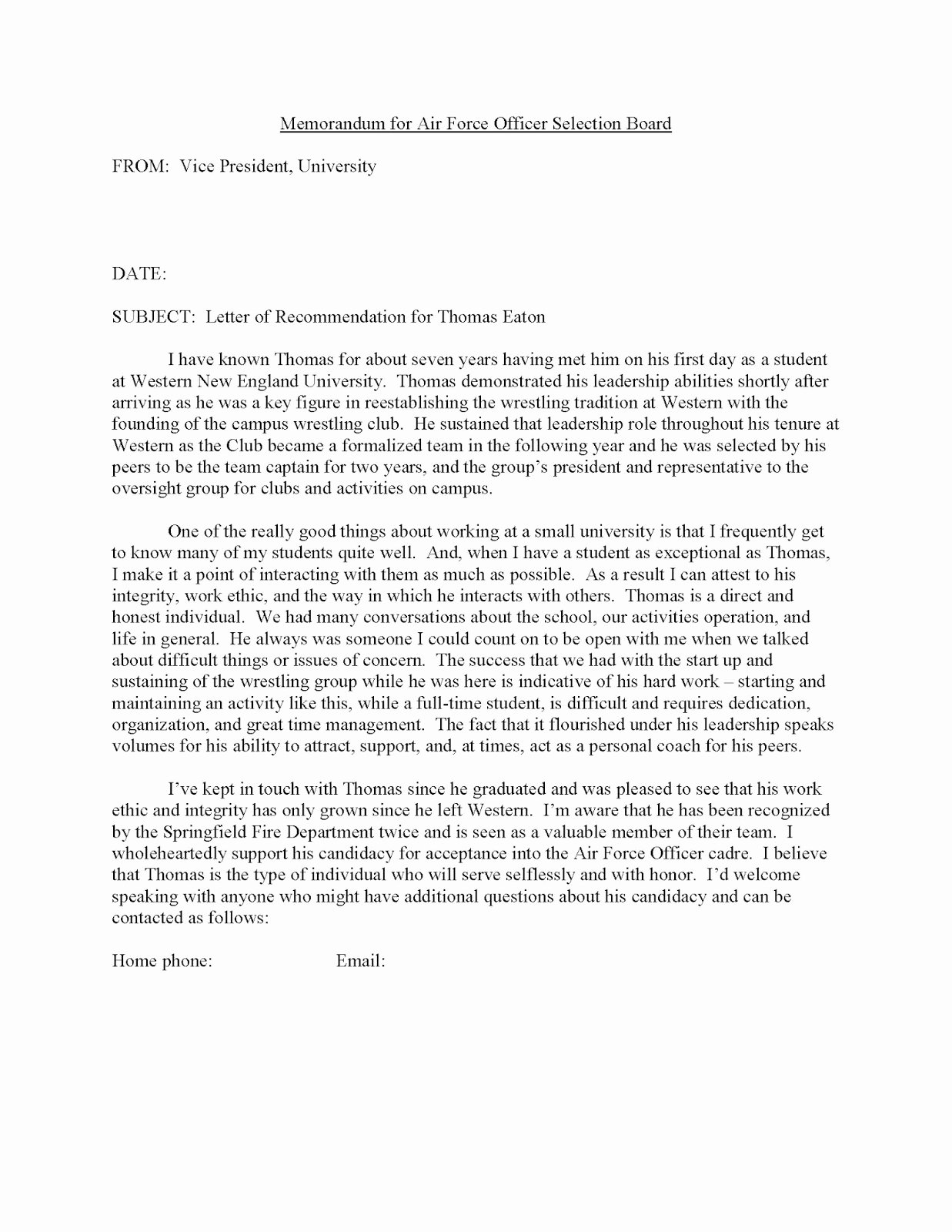 Air force Letter Of Recommendation Elegant Example