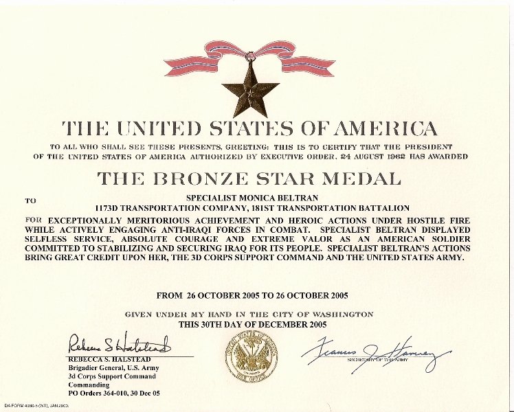 Army Award Certificate Template Awesome File Monica Beltran S Bronze Star Medal with Valor