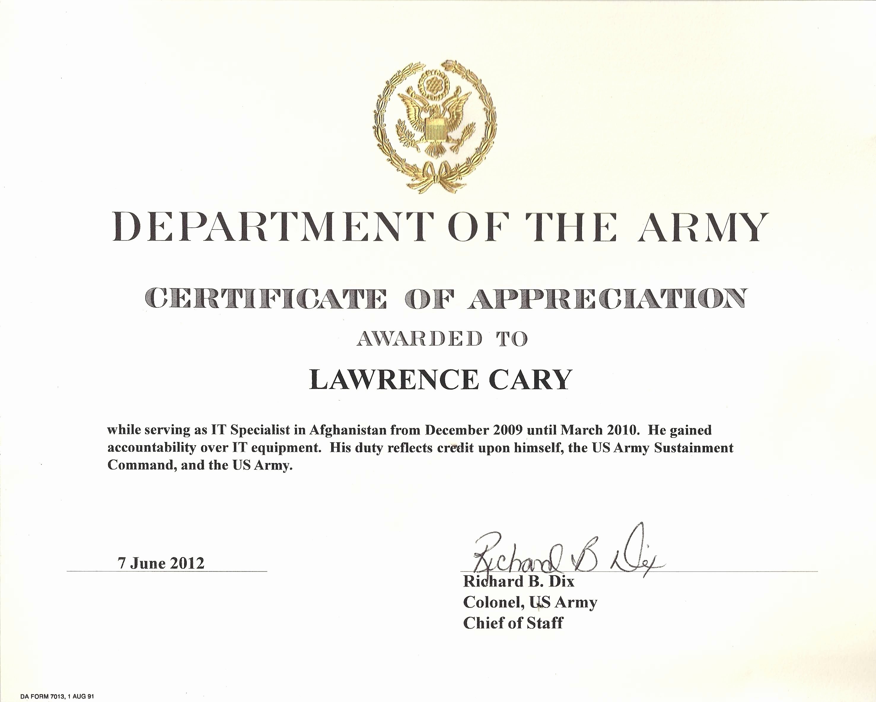 Army Award Certificate Template New Army Certificate Appreciation form Number
