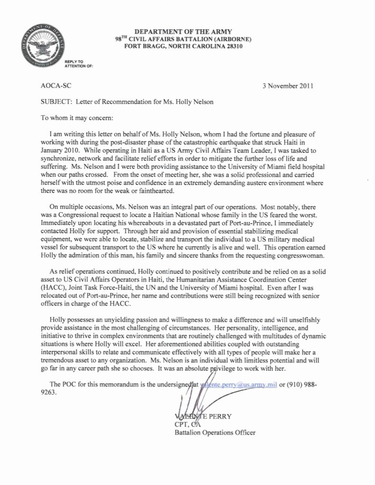 Army Letter Of Recommendation New Holly Nelson Us Army Civil Affairs Lor