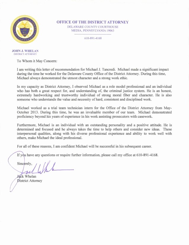 Attorney Letter Of Recommendation Elegant Michael J Tancredi Letter Of Re Mendation From Jack