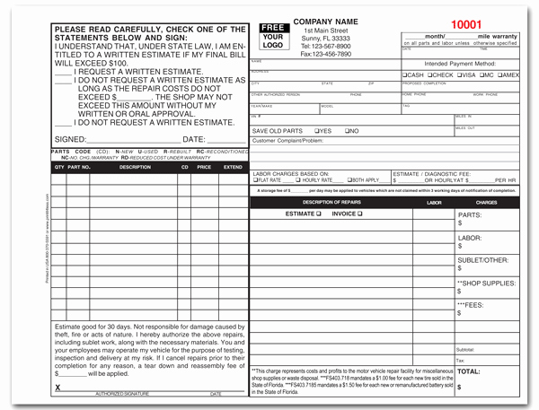 Auto Repair Receipt Template Fresh Florida Approved Auto form