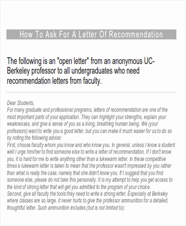 Berkeley Letter Of Recommendation Unique 9 Sample Re Mendation Request Letters