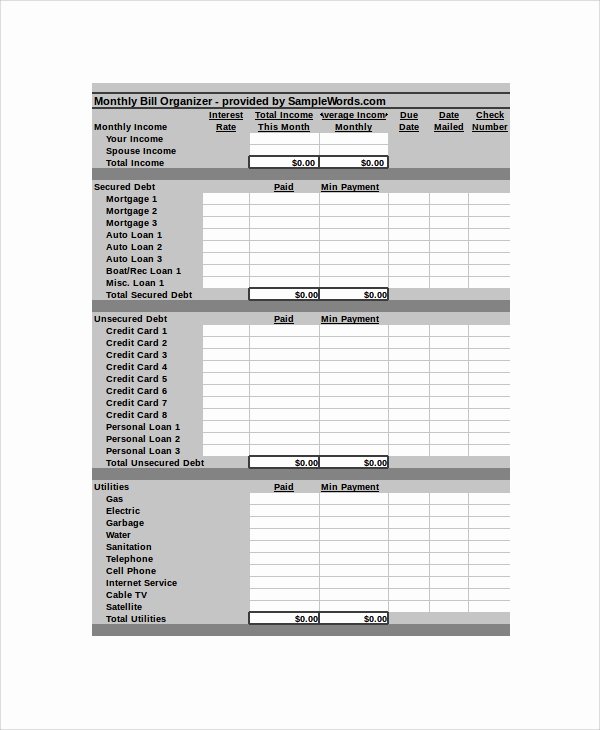 Bill Pay Template Excel Luxury 9 Bill organizer Samples
