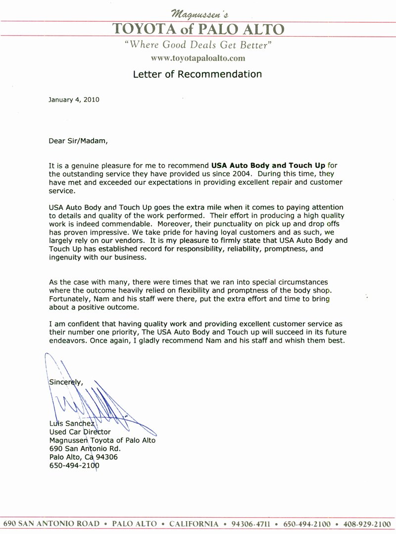 Buy Letter Of Recommendation Lovely Letters Of Re Mendation From Auto Dealers Usa touch Up