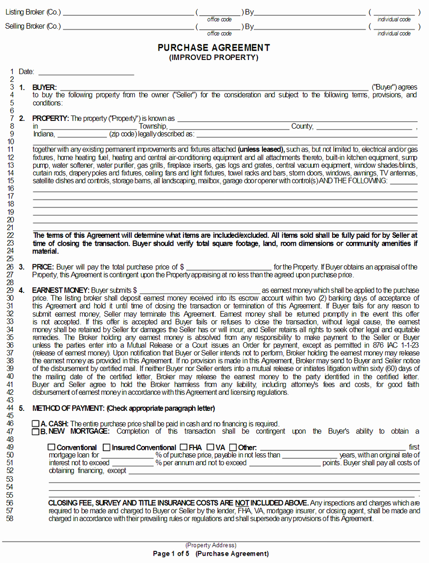 Buyout Agreement Real Estate New Free Indiana Purchase and Sale Agreement form Wikiform