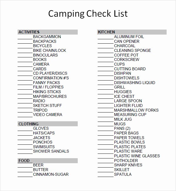 Camping Meal Plan Template Lovely 8 Camping Checklist Samples