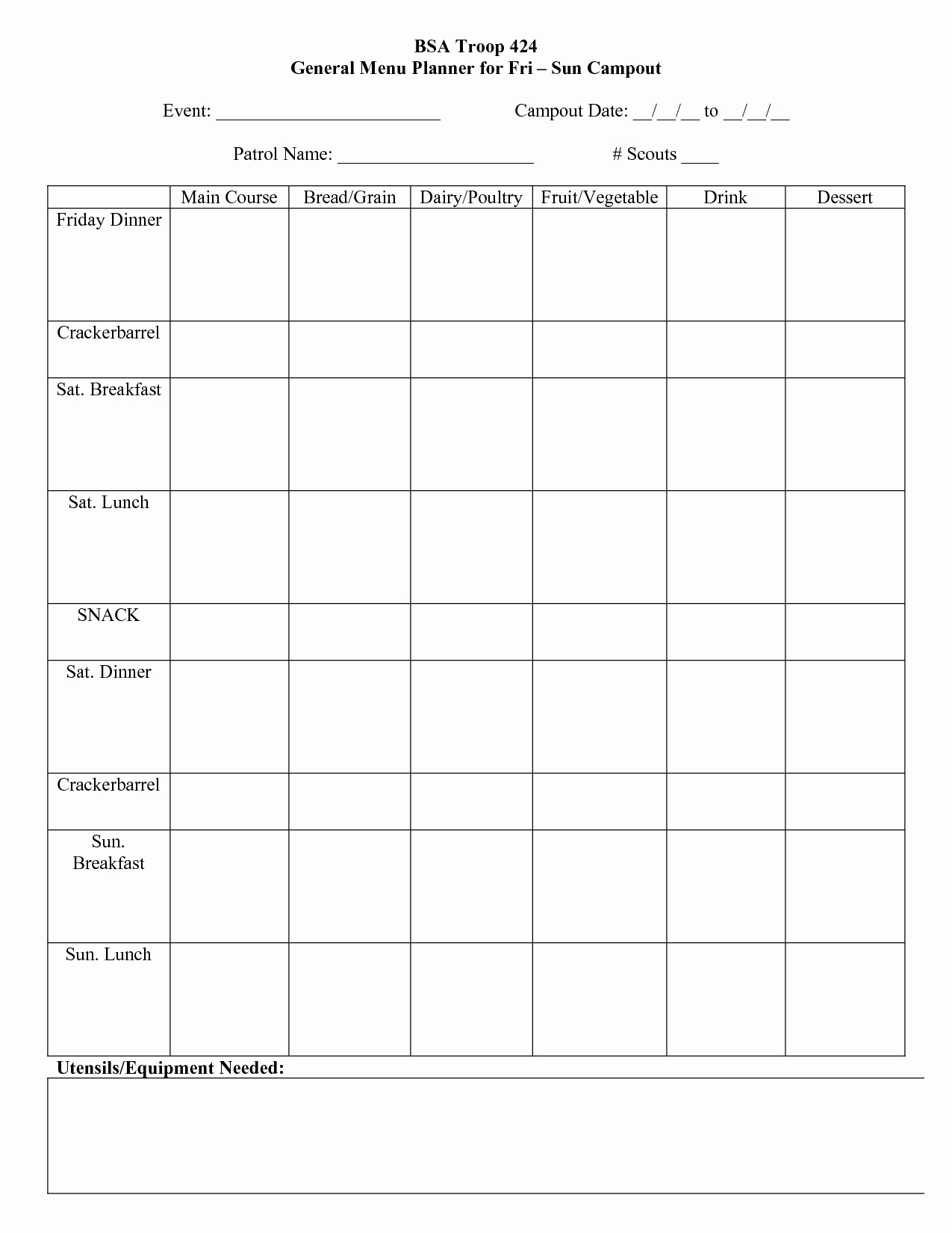 Camping Meal Plan Template New 13 Best Of Boy Scout Day 5 Meal Planning Worksheet