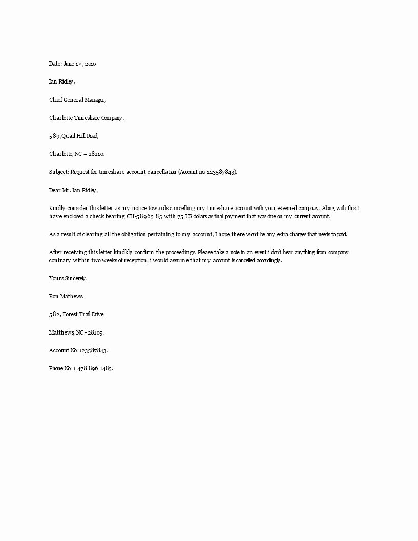 Cancel Timeshare Contract Sample Letter Luxury Free Timeshare Cancellation Letter
