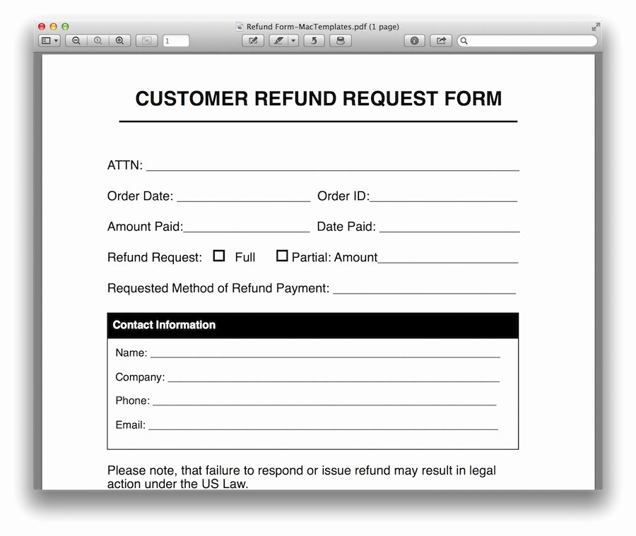 Cash Refund Receipt Template Unique Refund Request form Template for Apple Pages &amp; Pdf