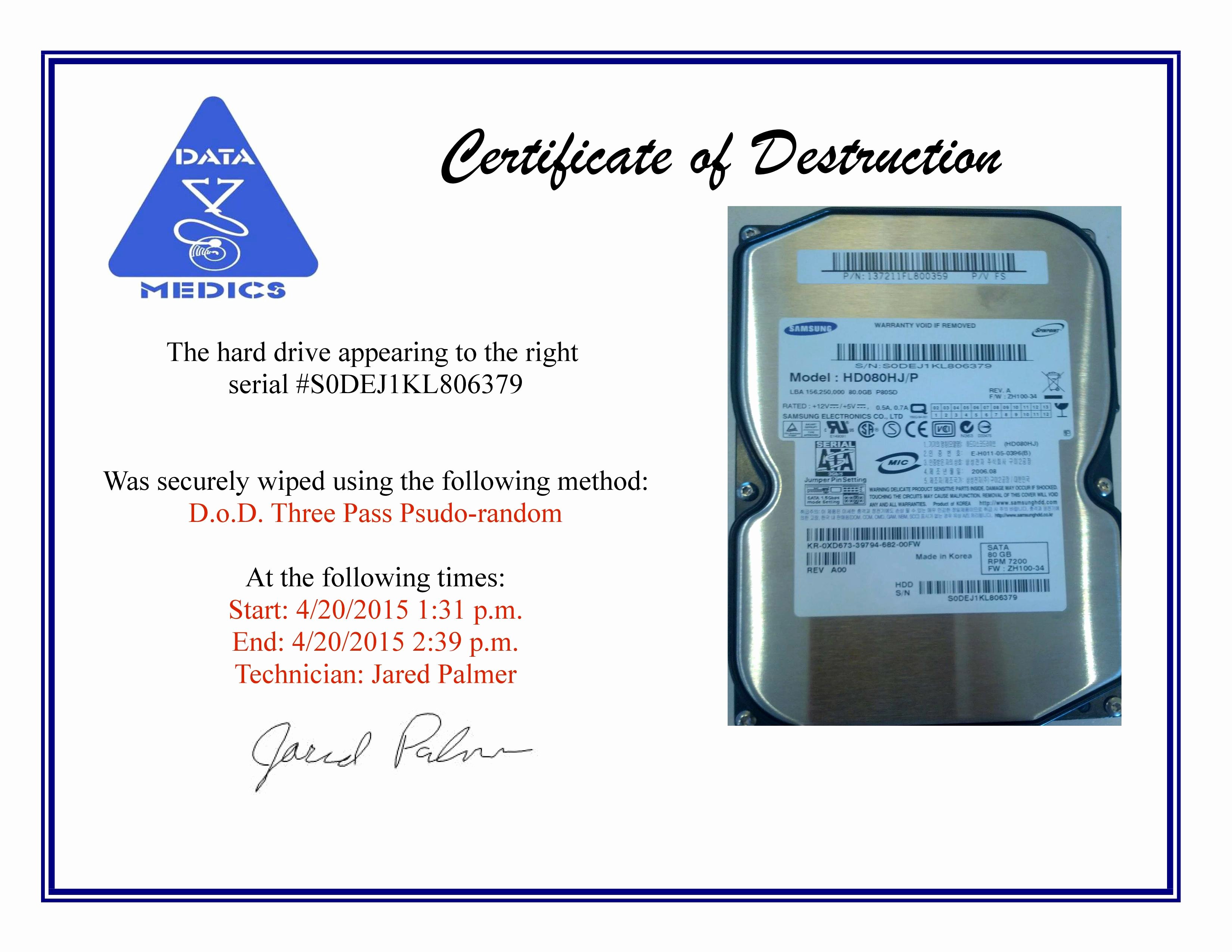 Certificate Of Destruction Sample Beautiful Free Hard Drive Wiping Services Hdd Destruction