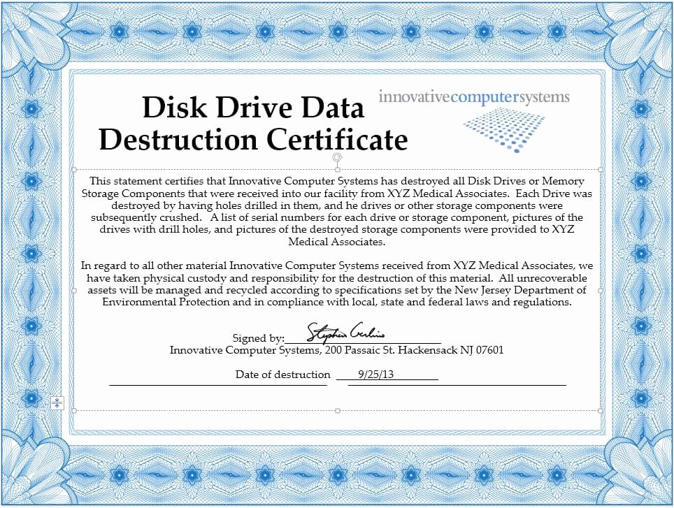 Certificate Of Destruction Sample Beautiful Innovative Puter Systems