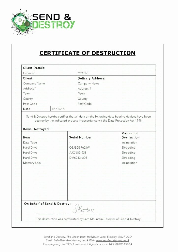 Certificate Of Destruction Sample Elegant Resume Responsibilities Sample Certificate Data