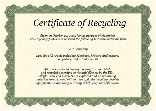 Certificate Of Destruction Sample Lovely Certificate Of Recycling