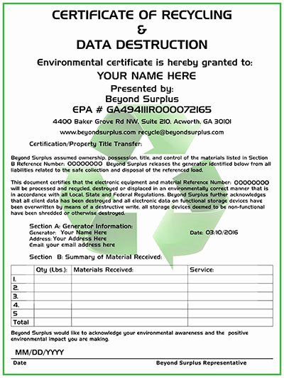 Certificate Of Destruction Sample Unique atlanta Electronics Recycling &amp; Free Puter Disposal