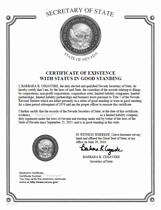 Certificate Of Existence Sample Luxury Nevada Certificate Of Good Standing
