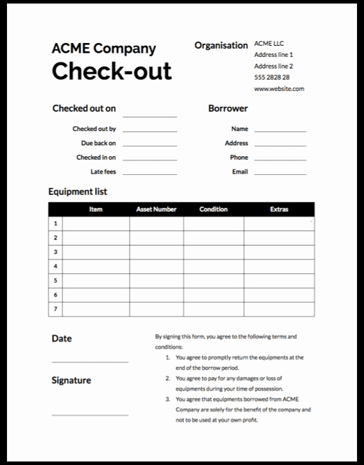 Check In Check Out Template Beautiful Equipment Sign Out form Template