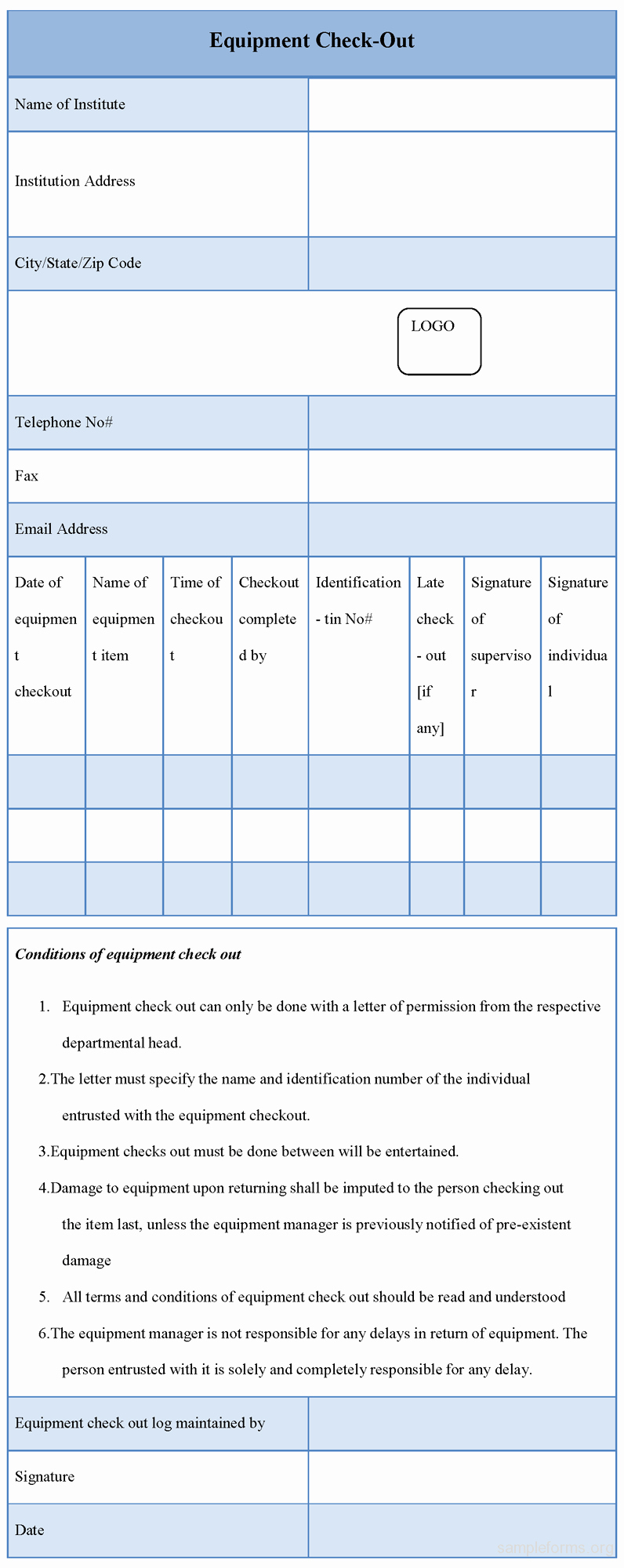 Check In Check Out Template Elegant Equipment Checkout form Sample forms