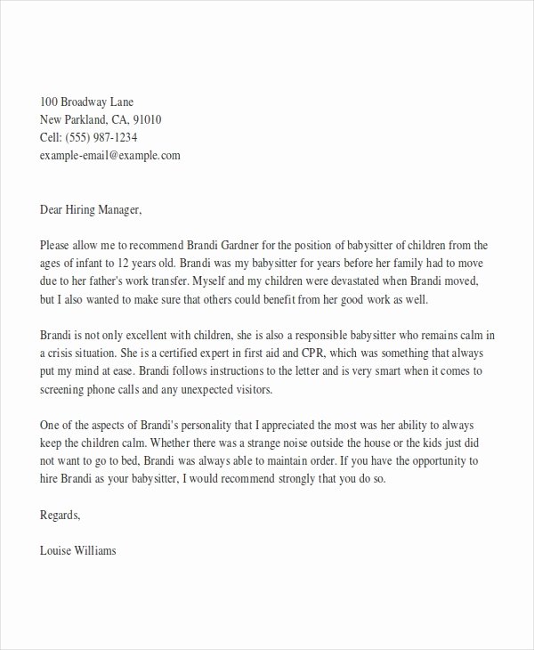 Child Care Letter Of Recommendation Best Of 8 Babysitter Reference Letter Templates Free Sample