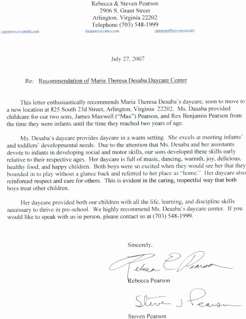 Child Care Letter Of Recommendation Unique Reference Letter for Child Care Job Re Mendation