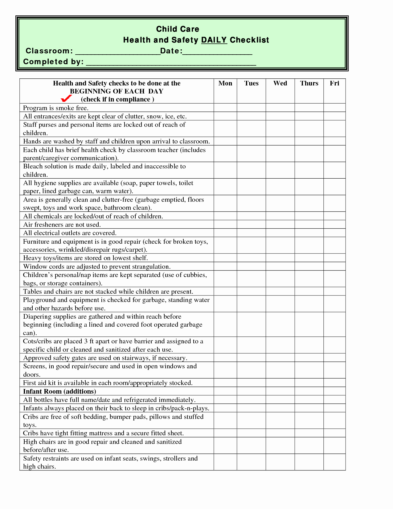 Child Safety Plan Template Luxury Child Care Health and Safety Daily Checklist Classroom