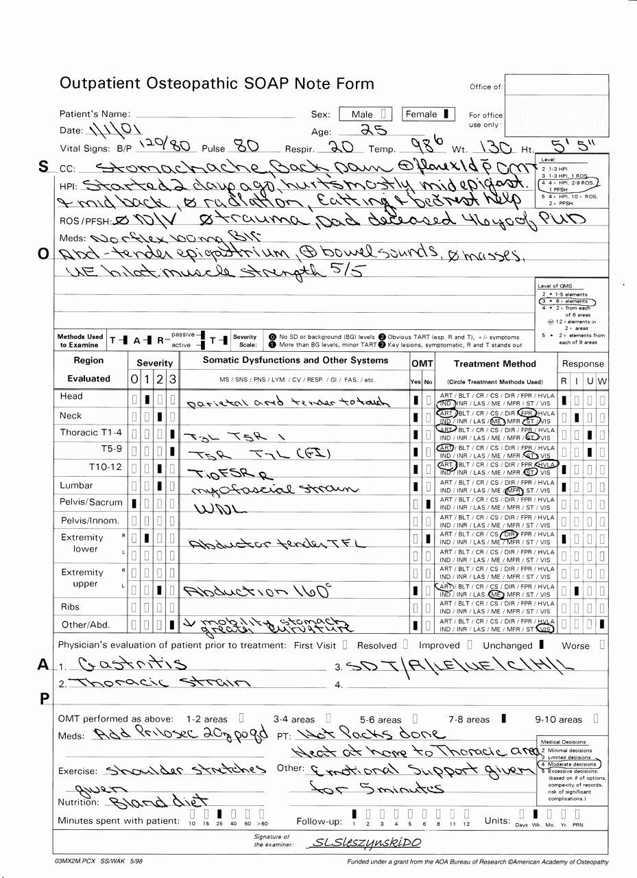 Chiropractic soap Note Example Lovely Outpatient Osteopathic soap Note form Preliminary Results