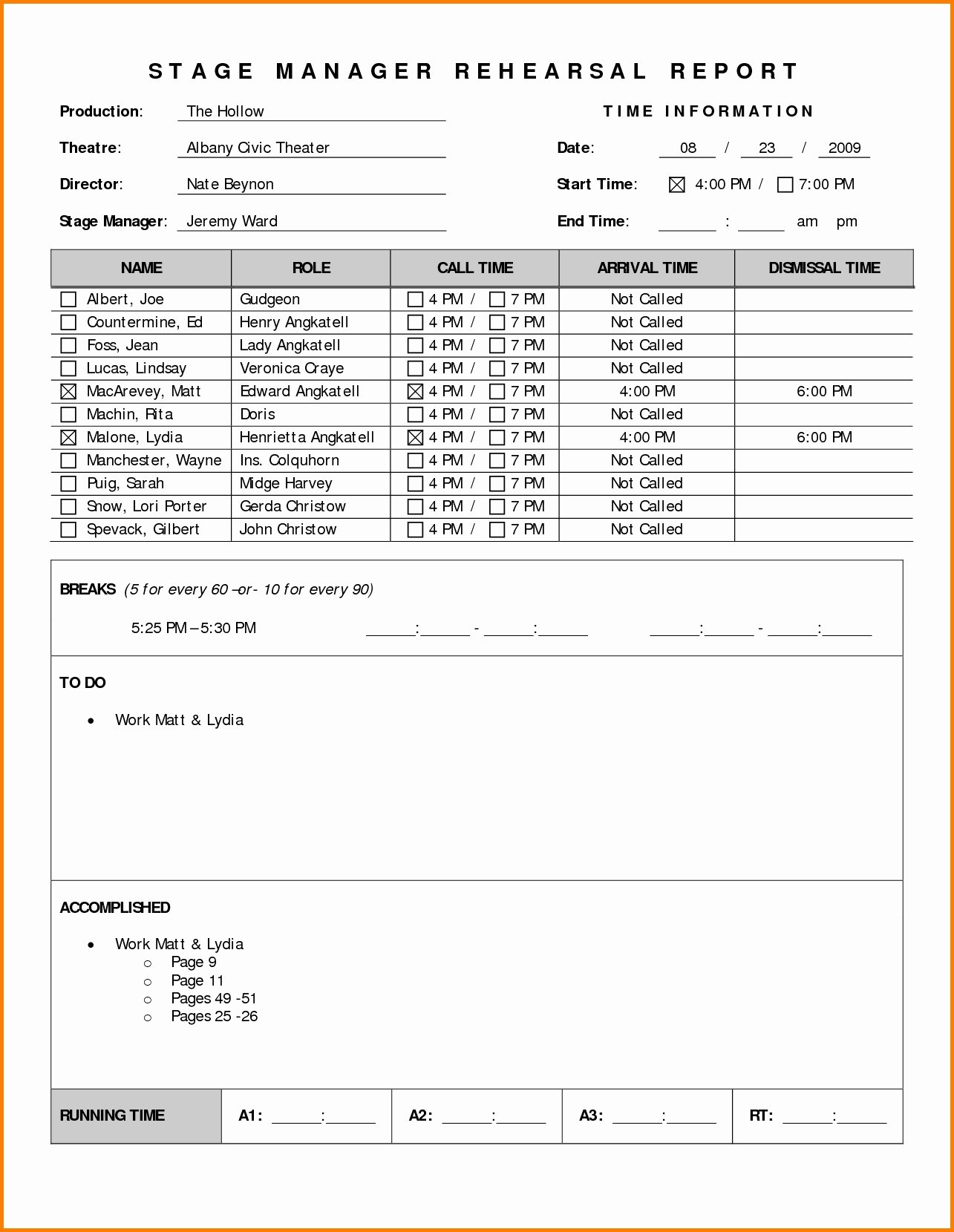 rehearsal schedule template 24 images of stage manager rehearsal report template infovia net