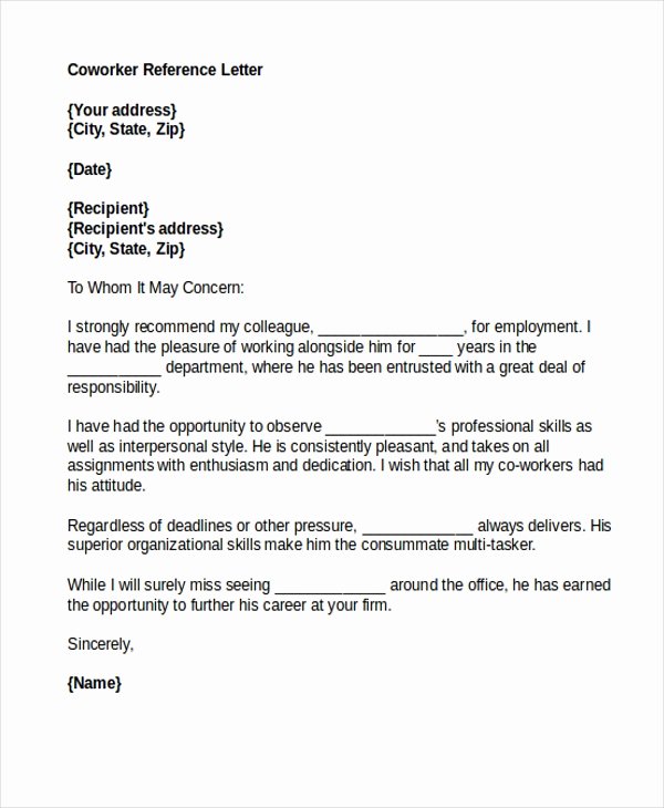 Co Worker Letter Of Recommendation Beautiful Letter Of Reference Sample 8 Free Documents In Doc