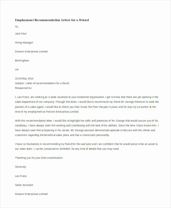 Co Worker Letter Of Recommendation Lovely 45 Free Re Mendation Letter Templates