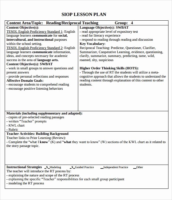 Coe Lesson Plan Template Unique Sample Siop Lesson Plan Templates – 10 Free Examples