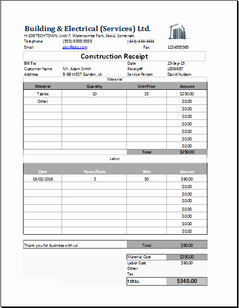 Contractor Receipt Of Payment Unique Construction Receipt Template for Excel