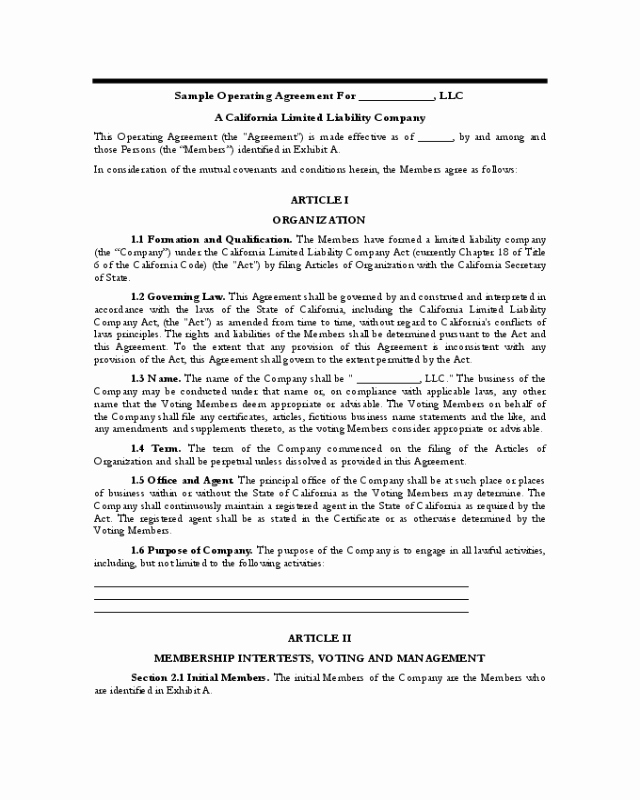 Cottage Operating Agreement Template Elegant Sample Operating Agreement California Edit Fill Sign