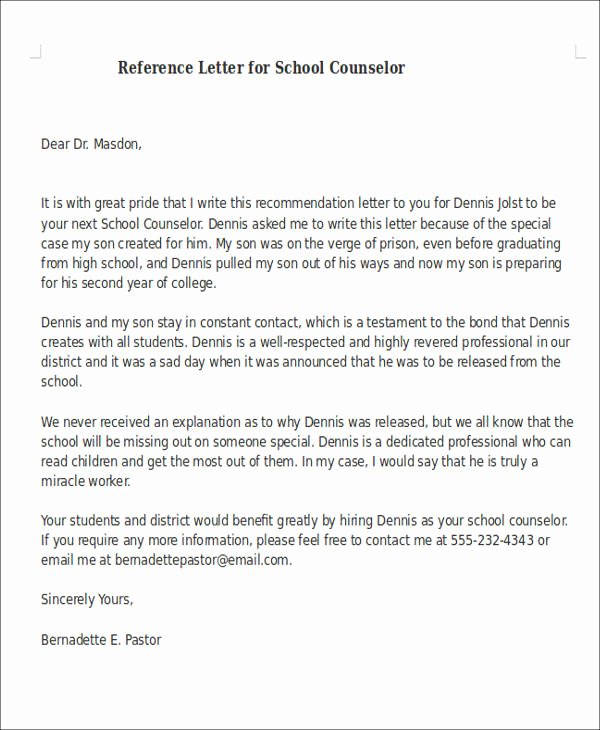 Counseling Letter Of Recommendation Best Of 7 Sample Reference Letter for Schools