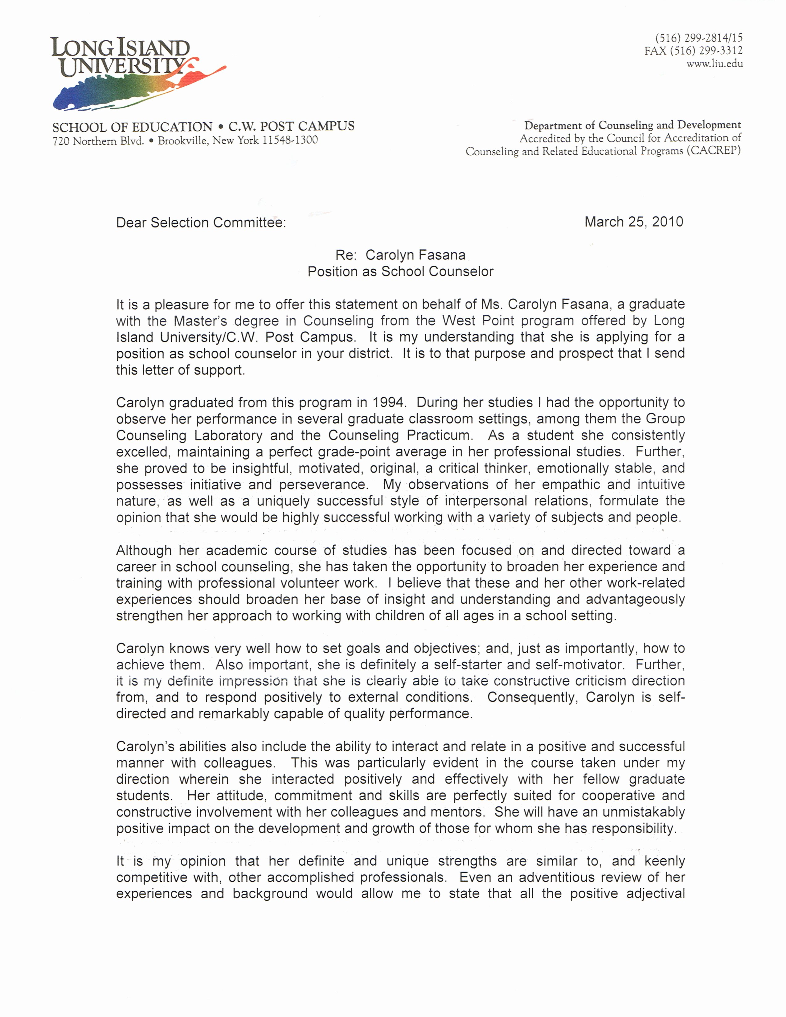30 Counselor Letter Of Recommendation Hamiltonplastering