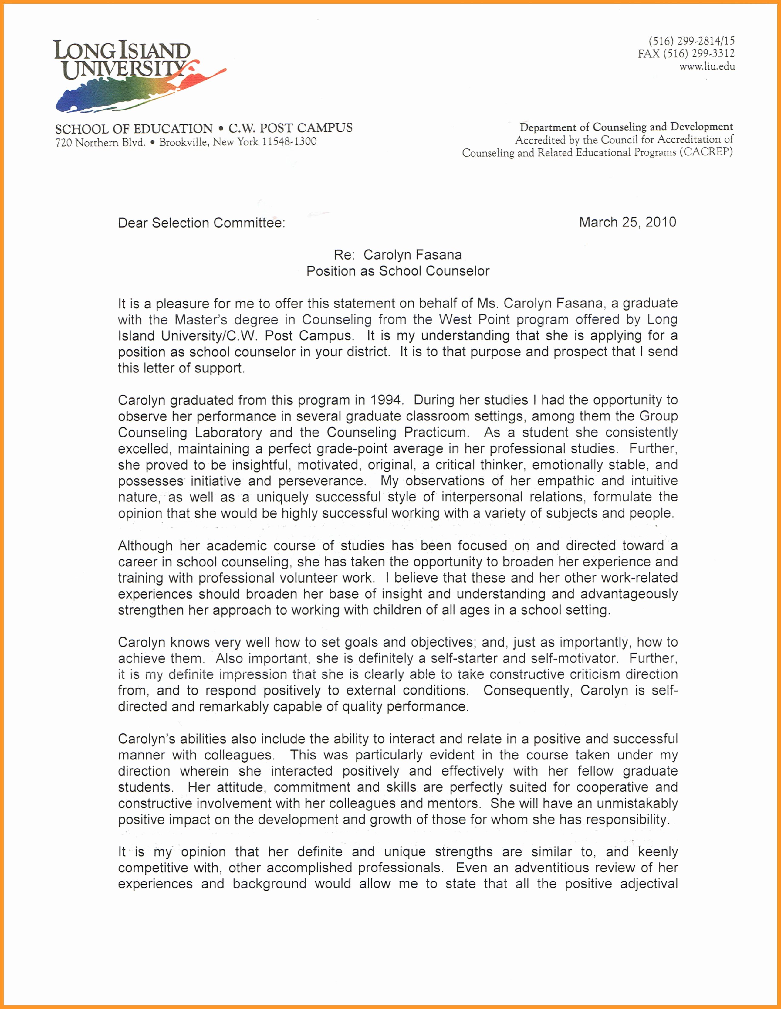 Counselor Recommendation Letter Sample Beautiful Supervisor Letter Of Re Mendation