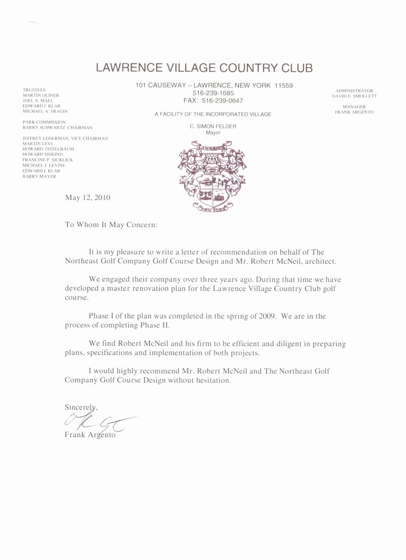 Country Club Recommendation Letter Inspirational the northeast Golf Pany –golf Course Architect Robert