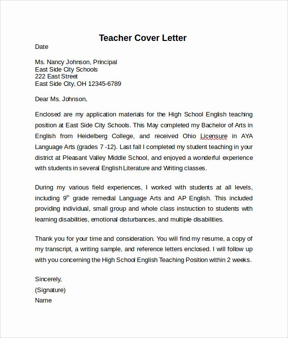 Cover Letter format for Teachers Fresh Teacher Cover Letter Example 10 Download Free Documents