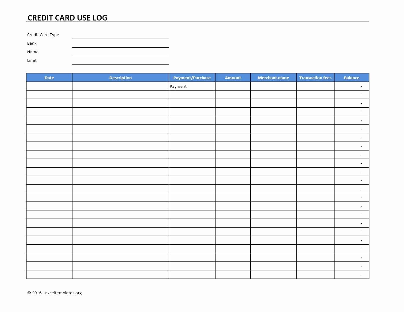 Credit Card Slip Template Unique Credit Card Use Log Template Excel Templates