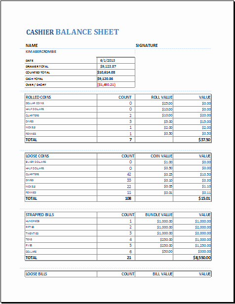 Daily Cash Sheet Template Excel Luxury Cashier Balance Sheet Template for Excel