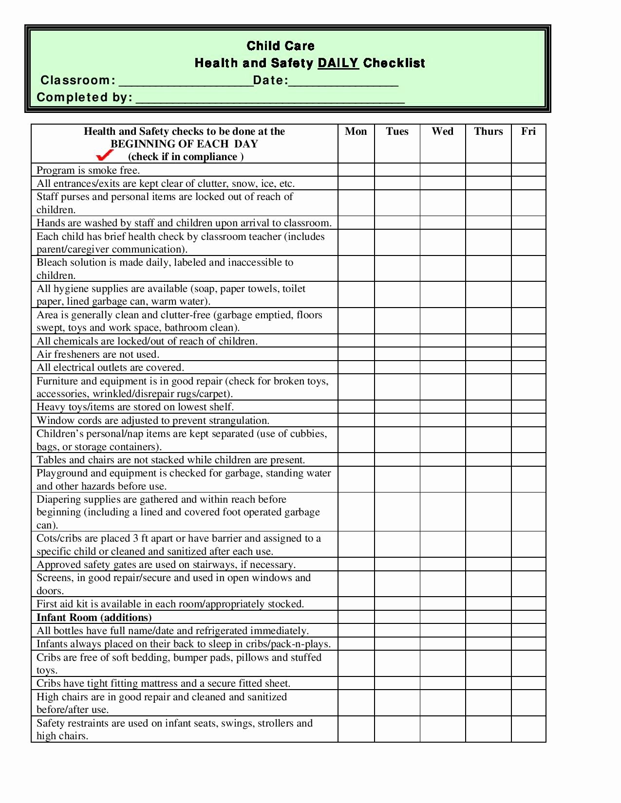 Daycare Cleaning Checklist Templates Inspirational Free Printable Child Care Health and Safety Daily