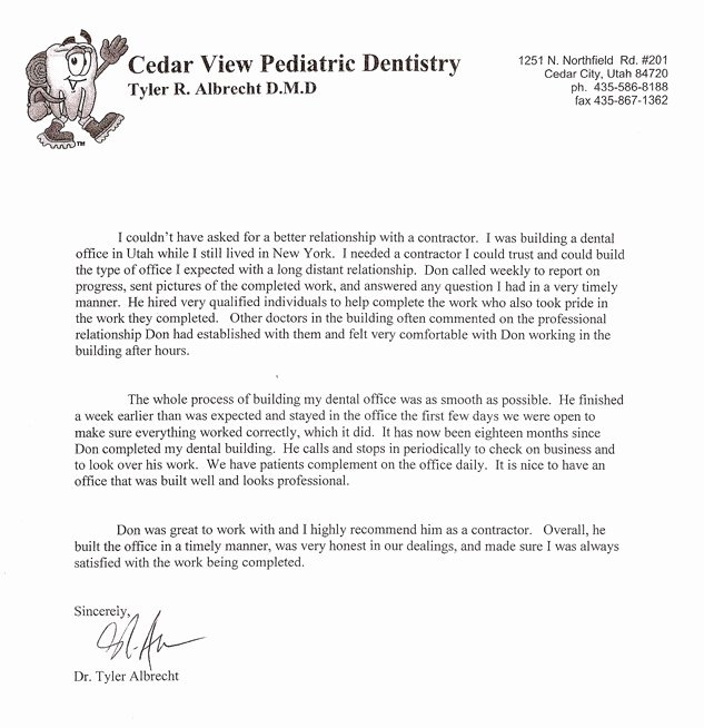 Dentist Letter Of Recommendation Lovely Clients Corner Canyon Construction